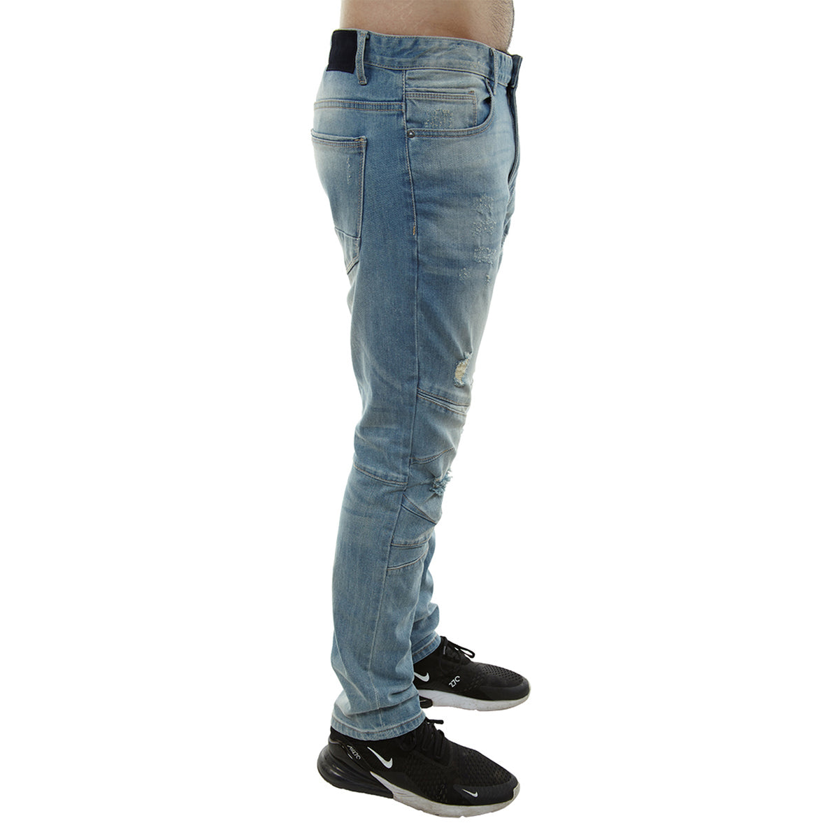 Smoke Rise Slim Fit Cut And Sew Jeans With Blown Out Knees Mens Style : Jp8941-Blue