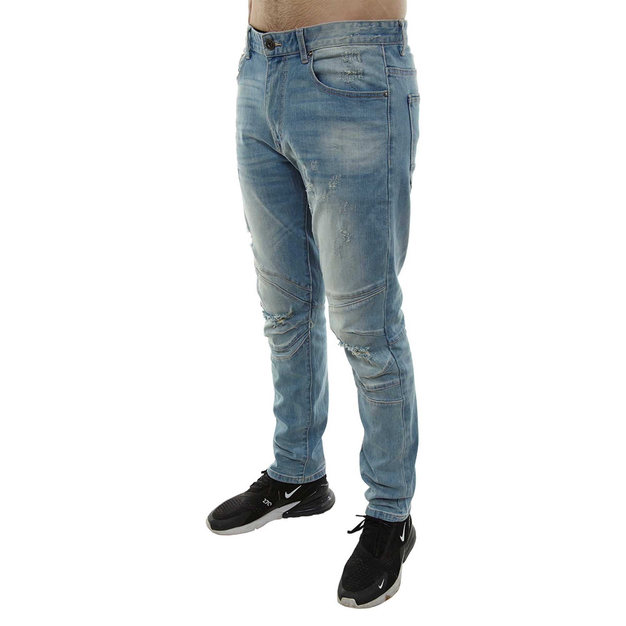 Smoke Rise Slim Fit Cut And Sew Jeans With Blown Out Knees Mens Style : Jp8941-Blue