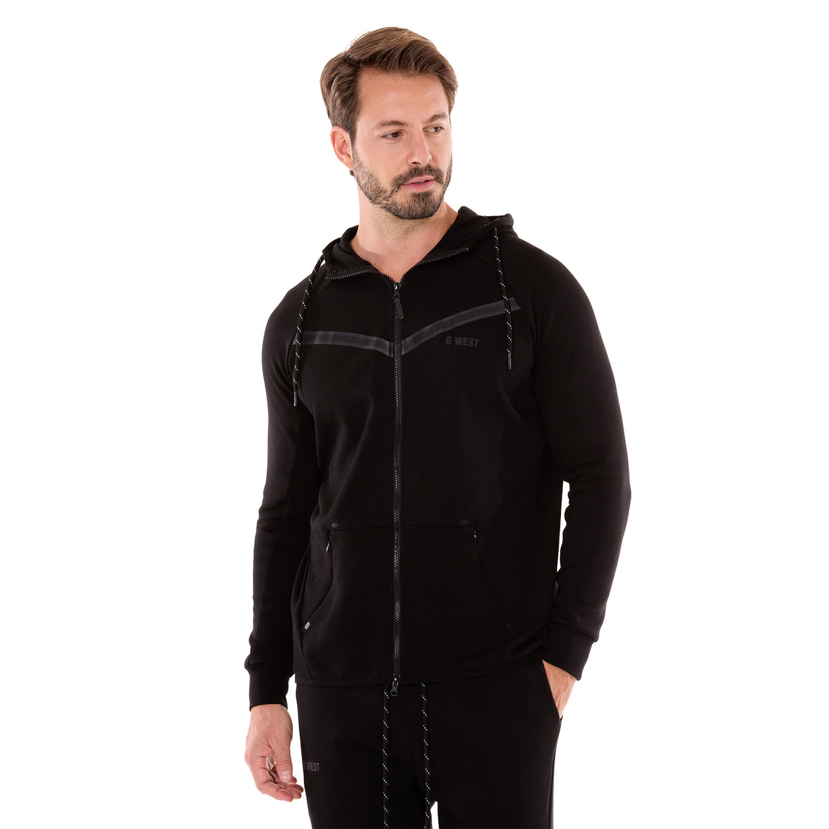 G WEST MENS TECH FLEECE ZIPPER HOODIE - BLACK