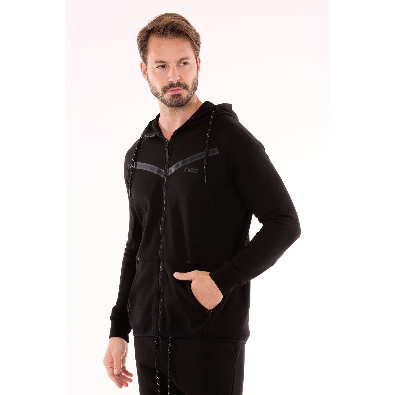 G WEST MENS TECH FLEECE ZIPPER HOODIE - BLACK