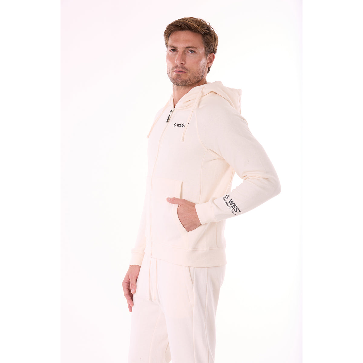 G WEST MENS FLEECE ZIPPER HOODIE - WHISPER WHITE