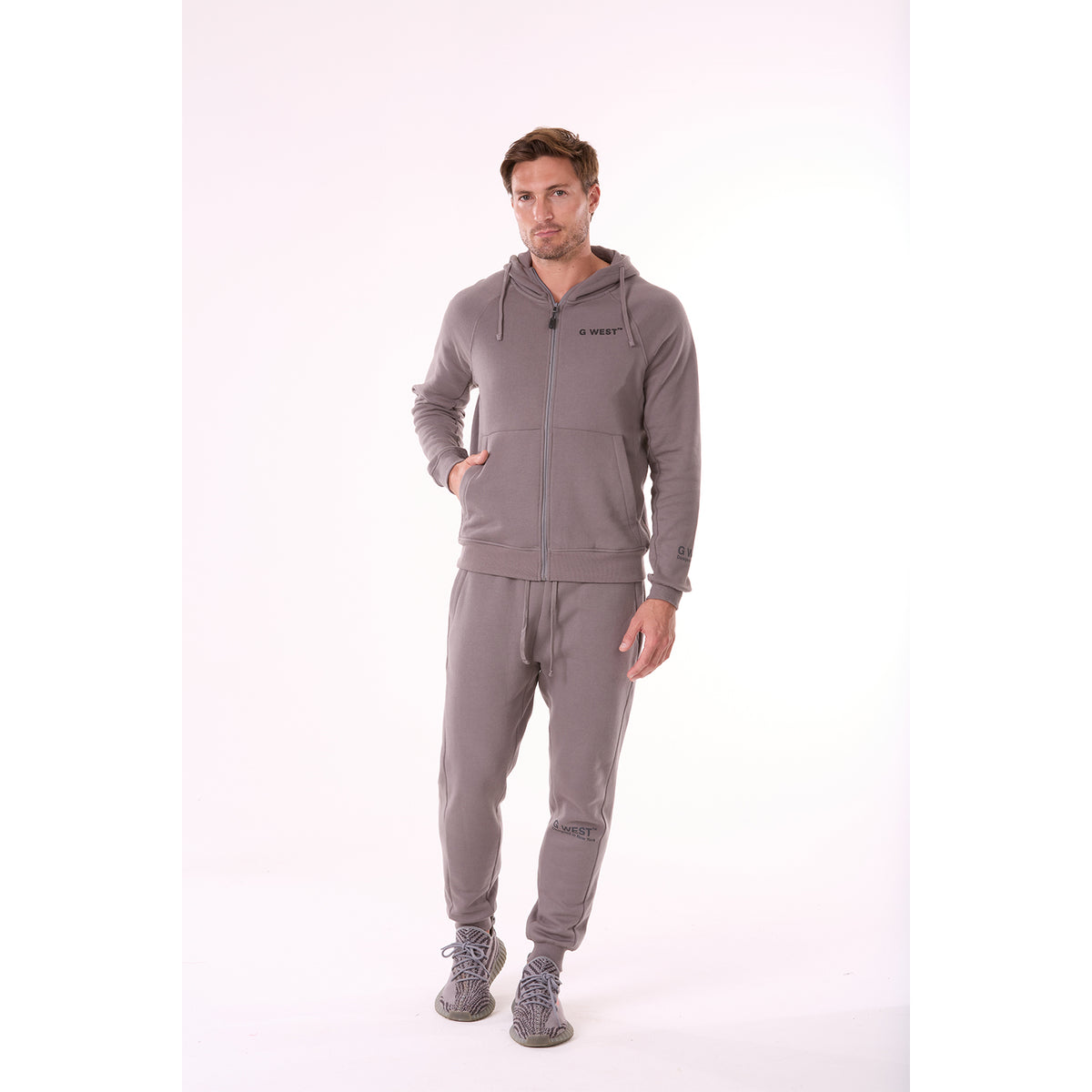 G WEST MENS FLEECE ZIPPER HOODIE - CHARCOAL GREY