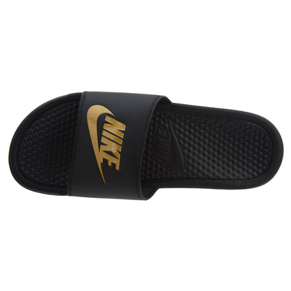 Nike Benassi JDI Black Metallic Gold Logo Slide Mens Style :343880