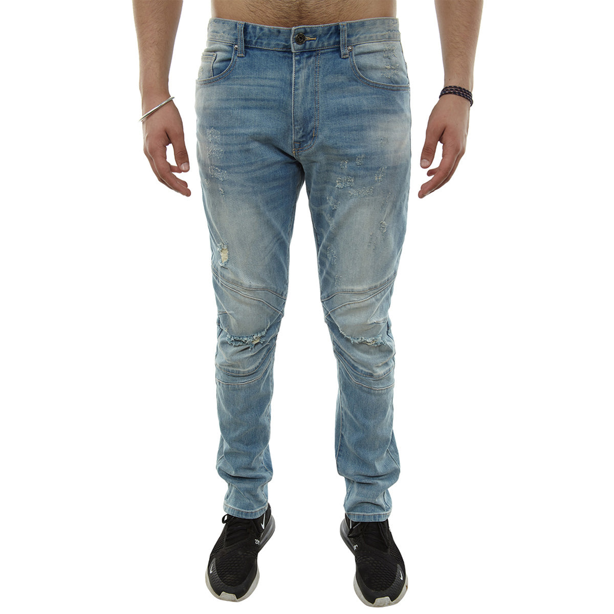 Smoke Rise Slim Fit Cut And Sew Jeans With Blown Out Knees Mens Style : Jp8941-Blue