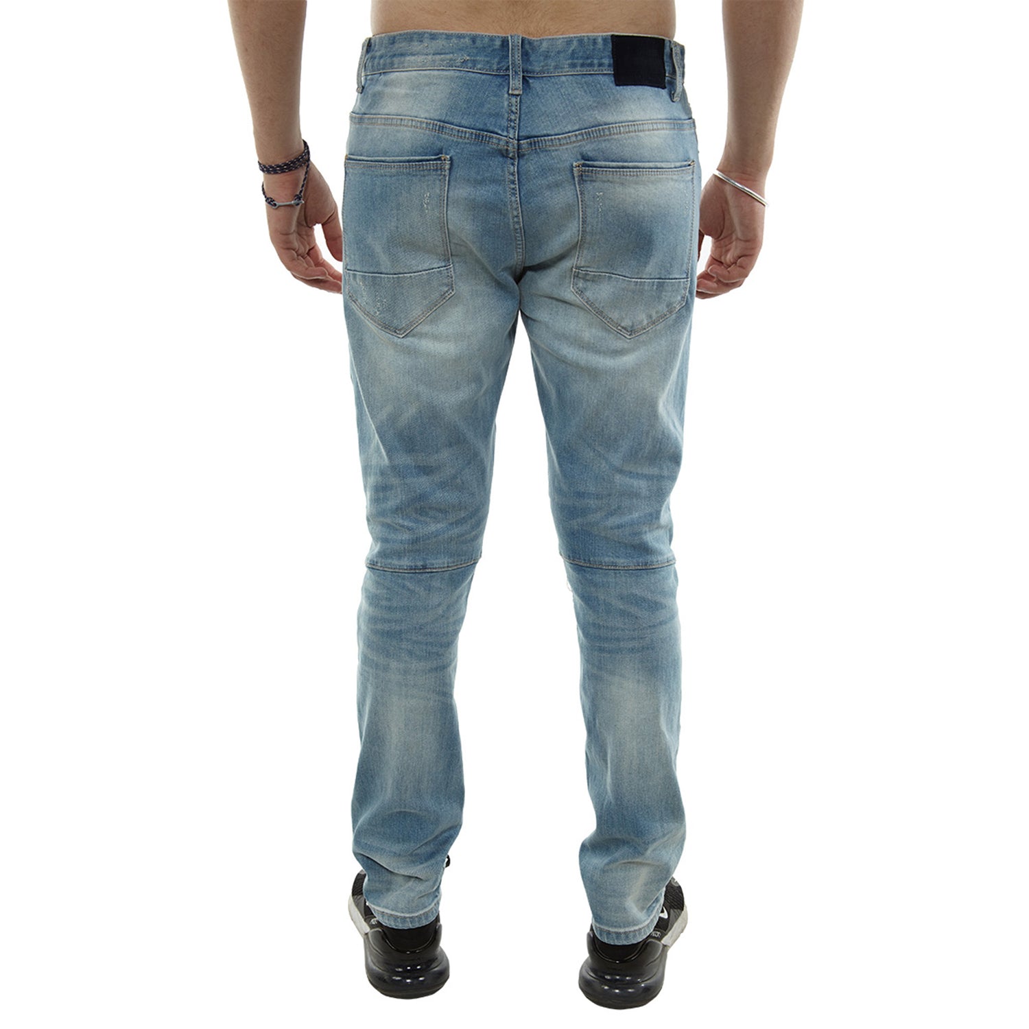 Smoke Rise Slim Fit Cut And Sew Jeans With Blown Out Knees Mens Style : Jp8941-Blue