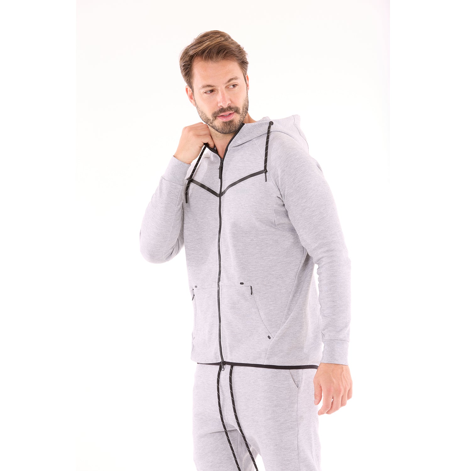 G WEST MENS TECH FLEECE  ZIPPER HOODIE - GREY