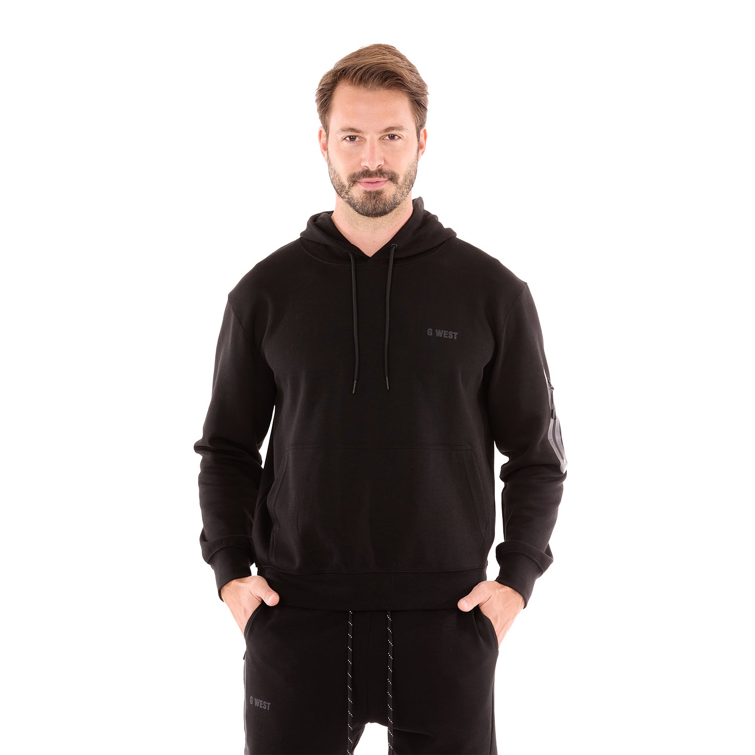 G WEST MENS TECH FLEECE PULLOVER HOODIE - BLACK