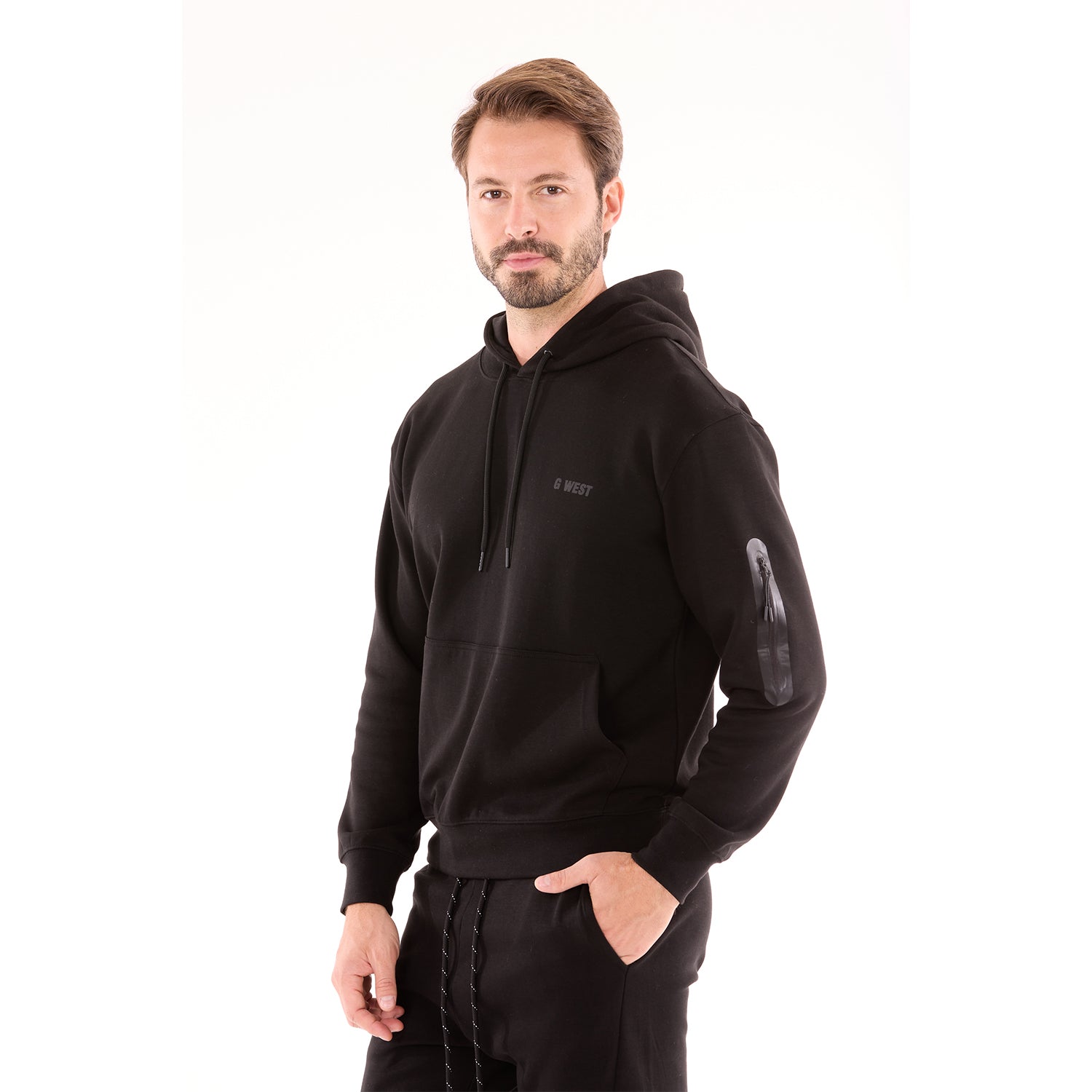 G WEST MENS TECH FLEECE PULLOVER HOODIE - BLACK