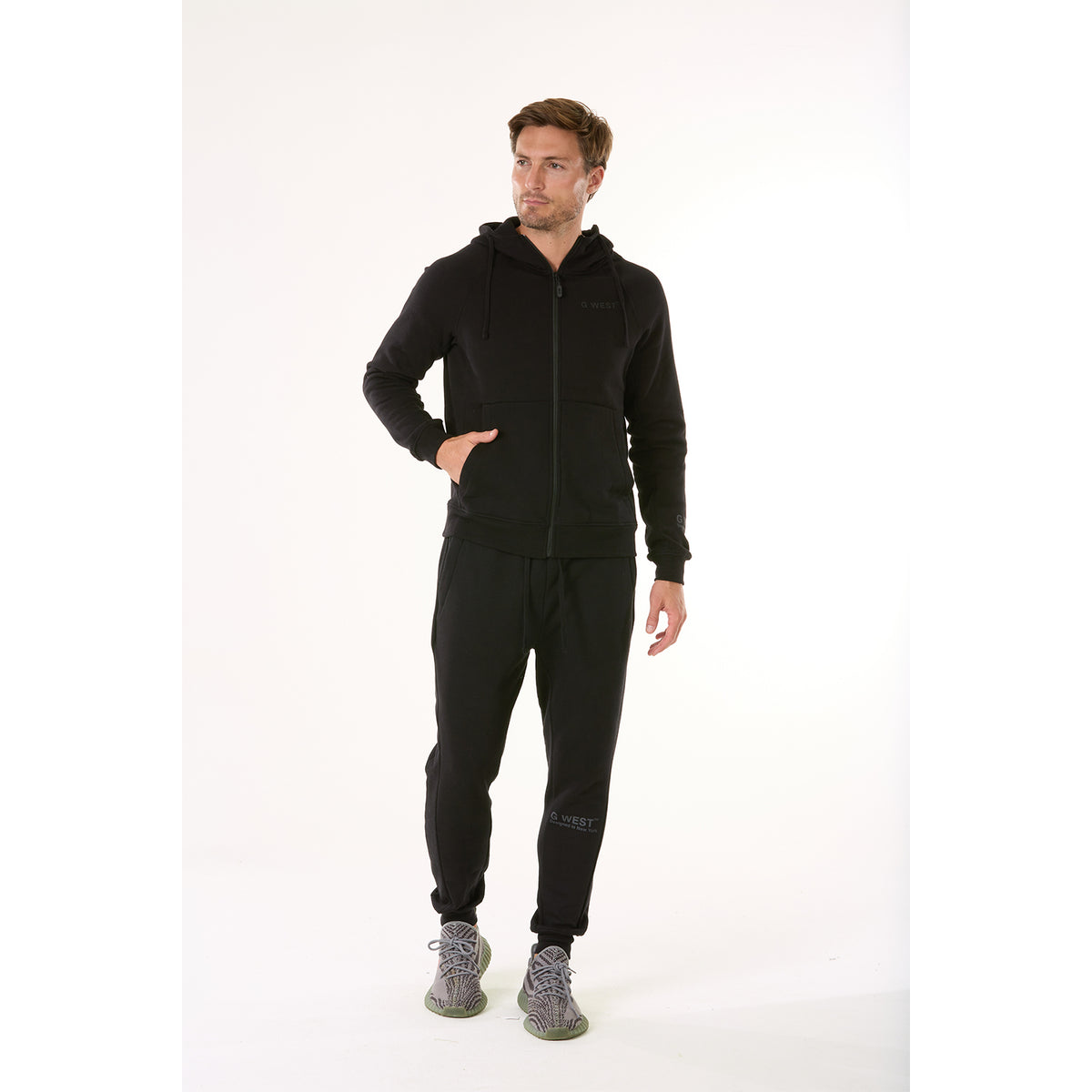 G WEST MENS FLEECE  ZIPPER HOODIE - JET BLACK
