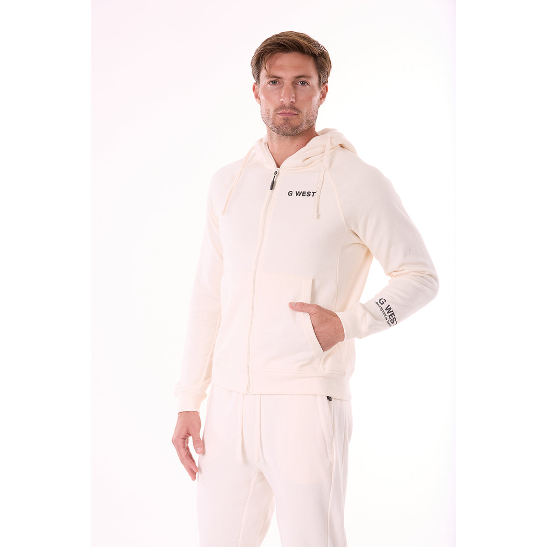 G WEST MENS FLEECE  ZIPPER HOODIE - WHISPER WHITE