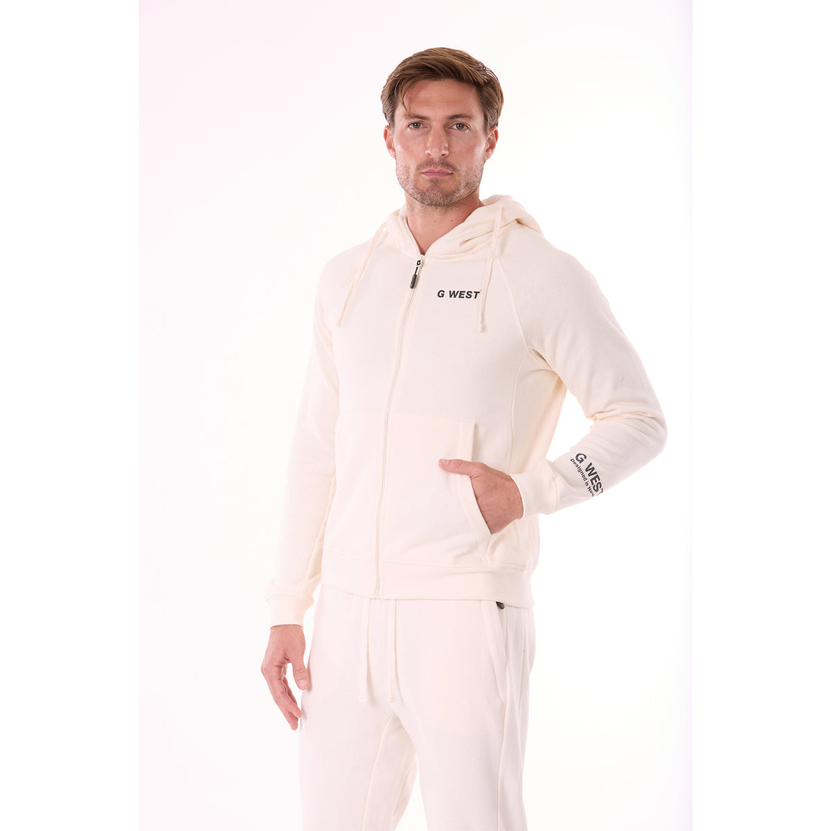 G WEST MENS FLEECE  ZIPPER HOODIE - WHISPER WHITE