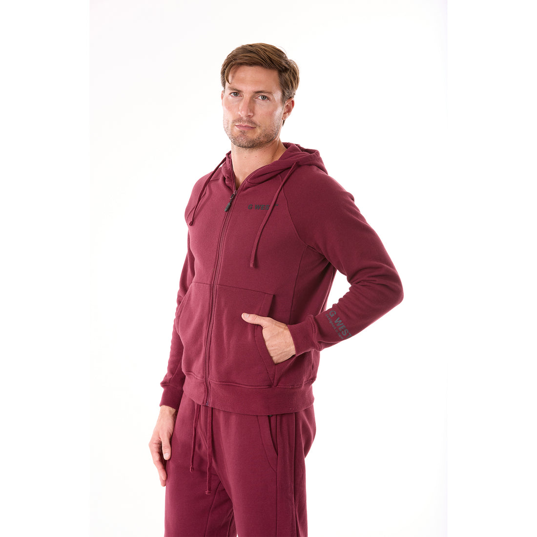 G WEST MENS FLEECE  ZIPPER HOODIE - BURGUNDY