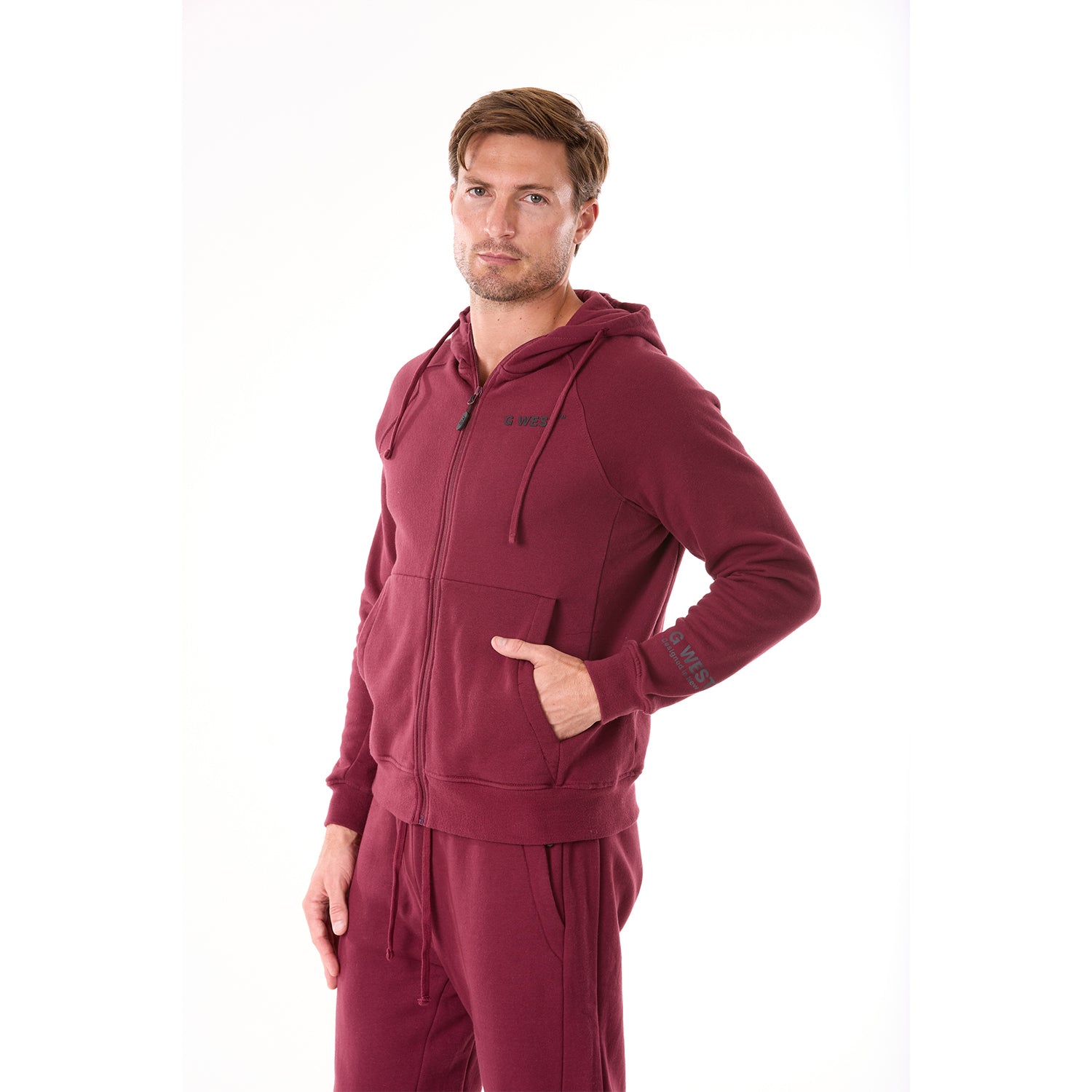 G WEST MENS FLEECE  ZIPPER HOODIE - BURGUNDY