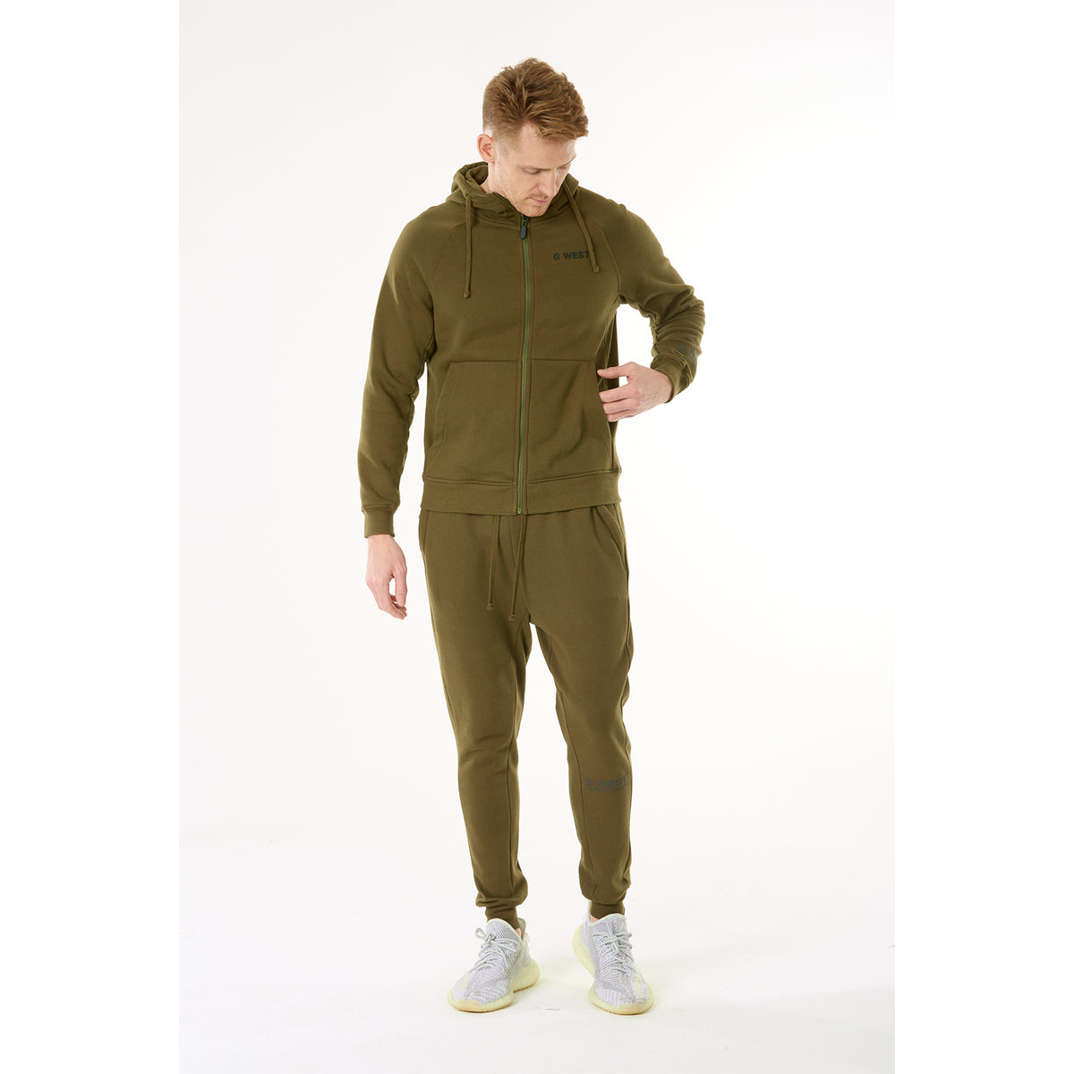 G WEST MENS FLEECE  ZIPPER HOODIE - DARK OLIVE