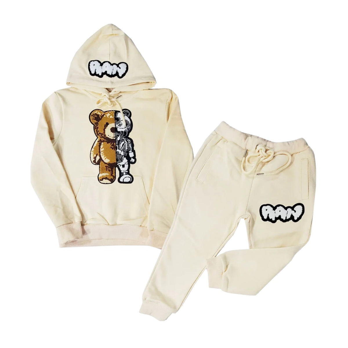Rawyalty Teddy Robot Raw Drip White Chenille Hoodie And Jogger Set Big Kids Style : Rkjs002
