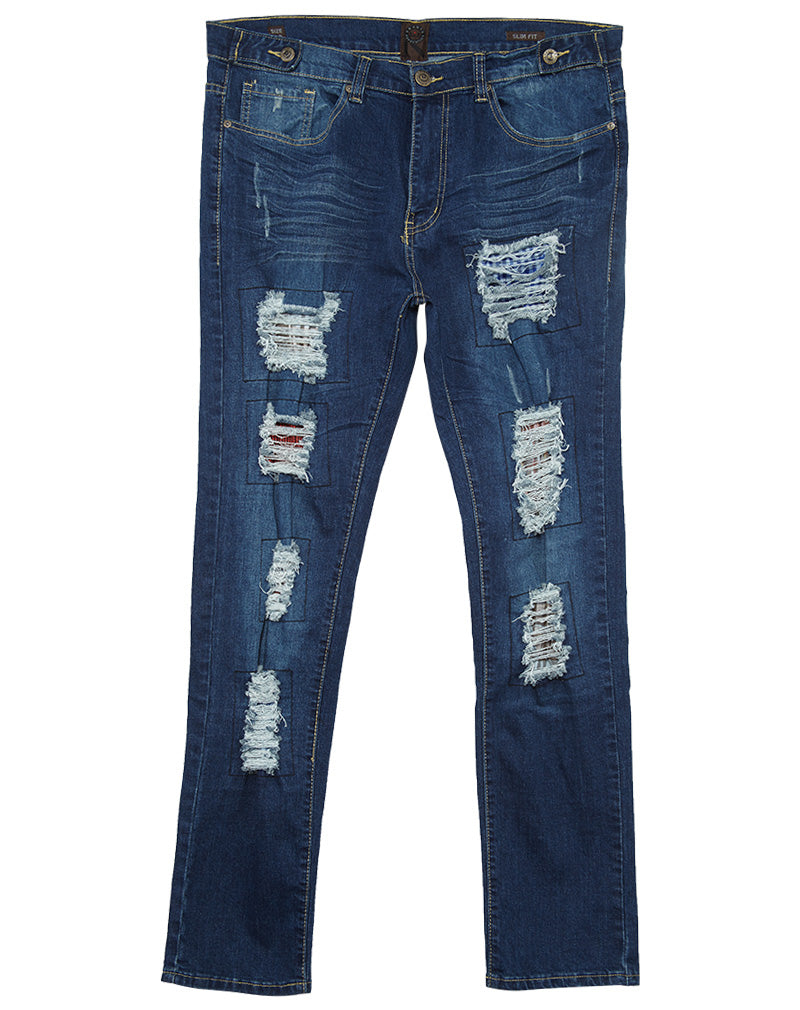 Ubuntu Revolution Rip & Tears Patched Denim Jeans Mens Style : 7118