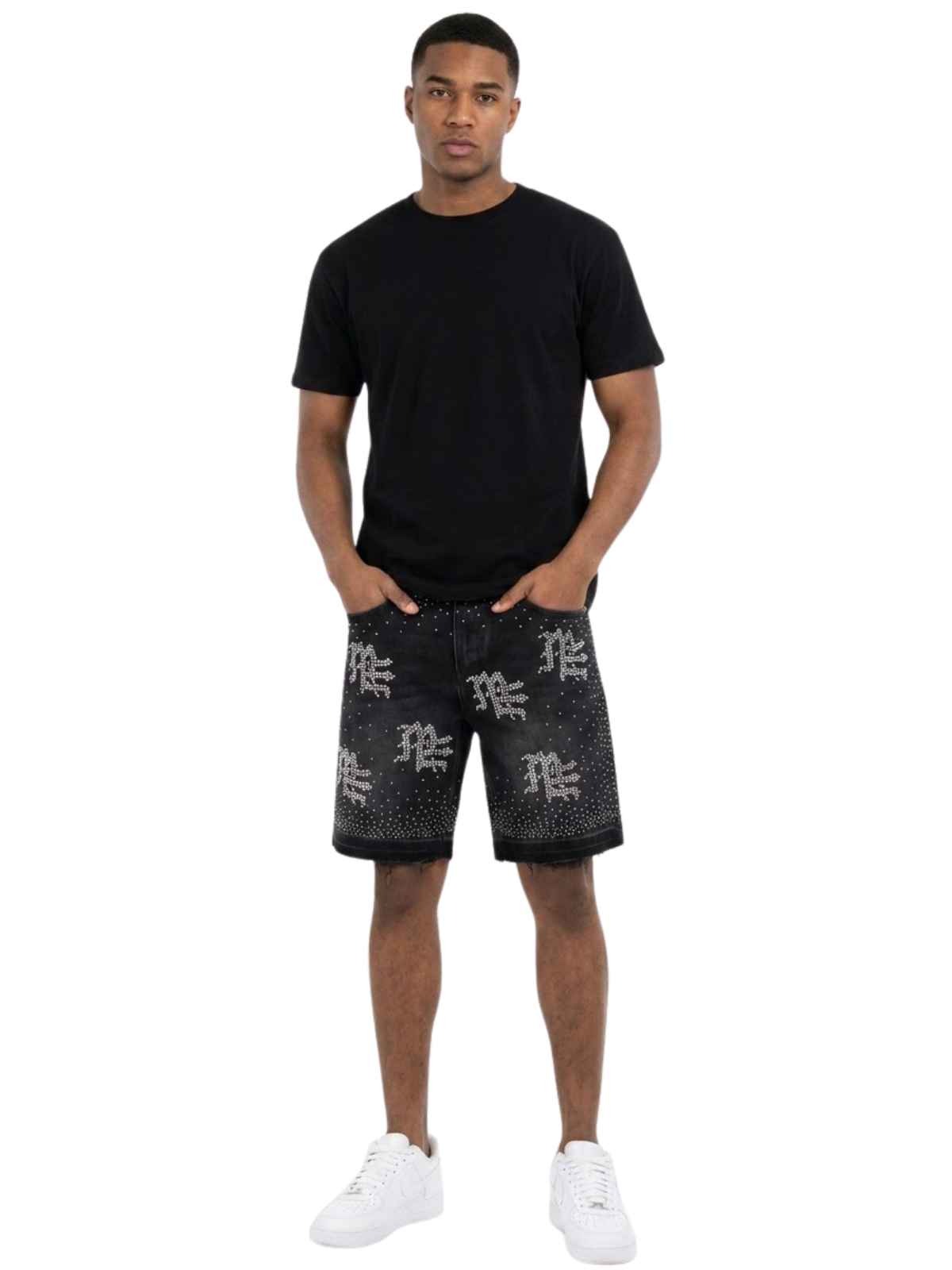 Mixed Emotion Me Rhinestone Denim Shorts Mens Style : Mix-mrds